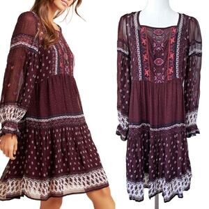 ANTHROPOLOGIE Burgundy Chiffon Galene Embroidered Tunic Dress Size XS 2 Wine